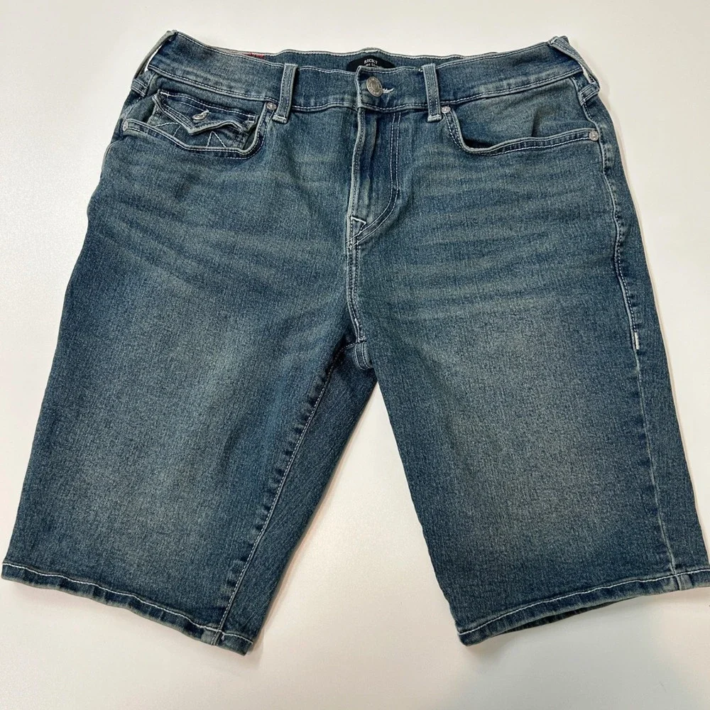 True Religion Ricky Relaxed Straight Denim Shorts Mens 32 Blue Jean Flap Pocket